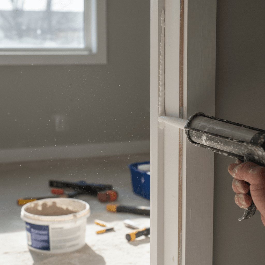 Close-up of a caulk gun being applied to a window trim