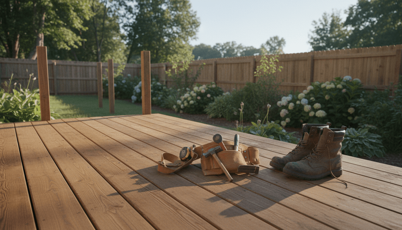 Freshly painted wooden deck with a tool belt and work boots, background shows a partly finished fence