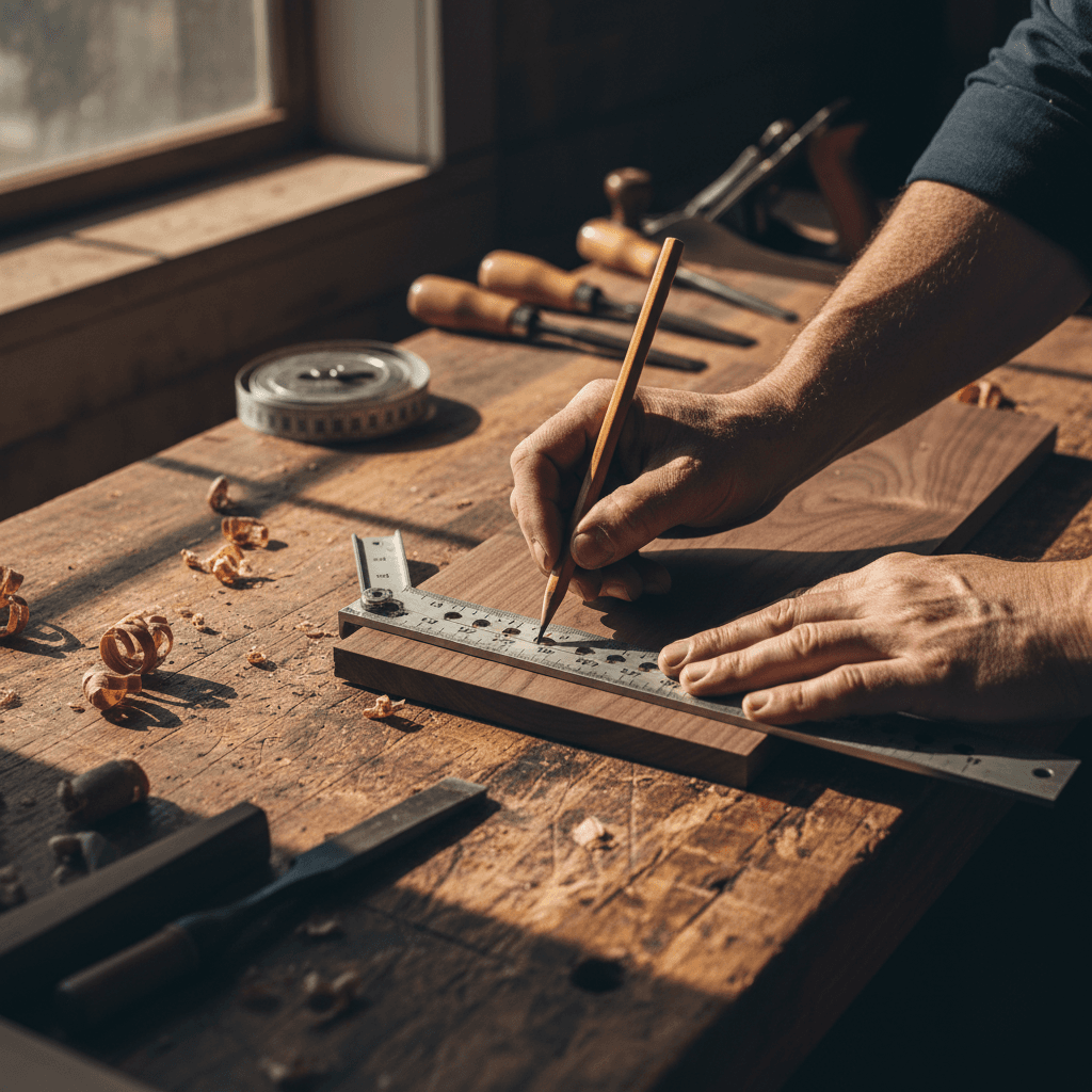 Close-up of contractor's hands holding a hammer on a workbench with wood shavings
