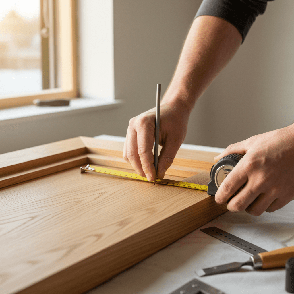 Close-up of a contractor measuring a wooden window frame with a tape measure in warm morning light