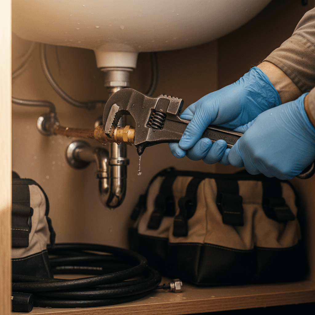 Plumber's hands tightening brass fitting on copper pipes under bathroom sink with professional wrench