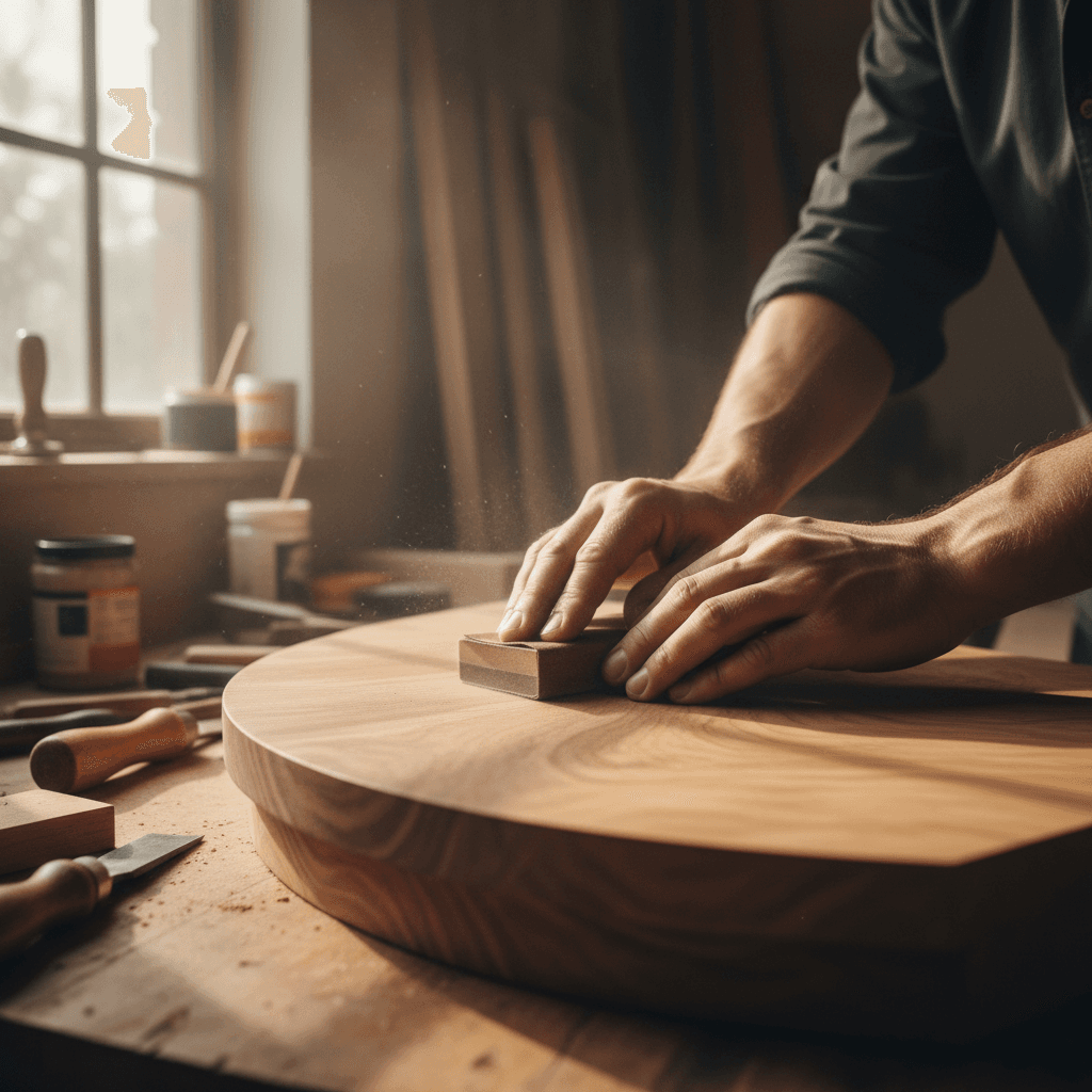 Sanding and refinishing a wooden handrail in a Vancouver home