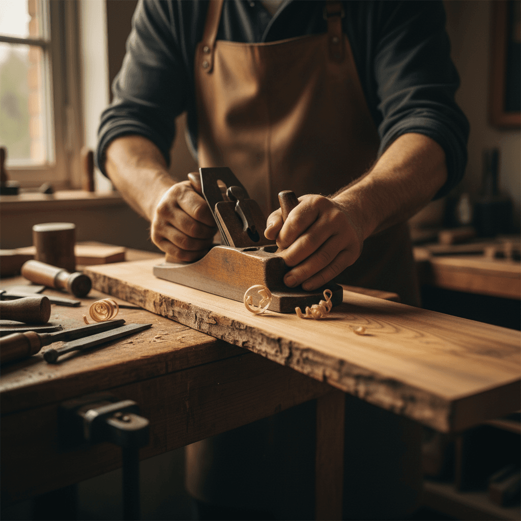 Skilled hands marking wood on a workbench in a warm, rustic workshop